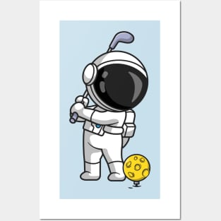 Cute Astronaut Playing Golf Moon Cartoon Posters and Art